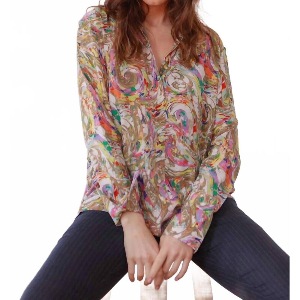 NEW CATHERINE GEE daria french cuff silk blouse in paint swirl